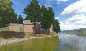 An architectural rendering of the new pump station. The new pump station will sit slightly upstream from the South Rivanna Dam.